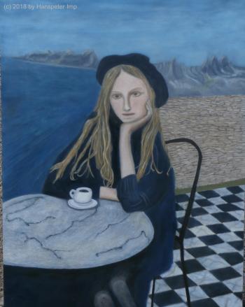 Frau sitzend mit Cafe am Tisch Meer Berge Landschaft